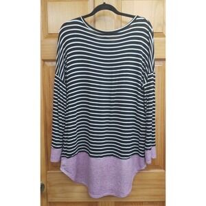 Egy Women's XL Black & White Striped Long Dolman Sleeve Boho Artsy Top Tunic